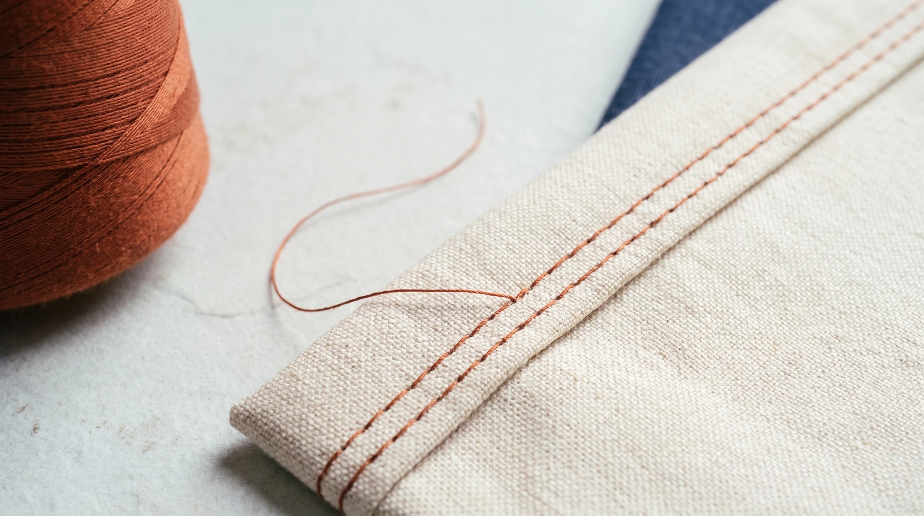Illustrative close-up of terracotta stitching on natural woven fabric